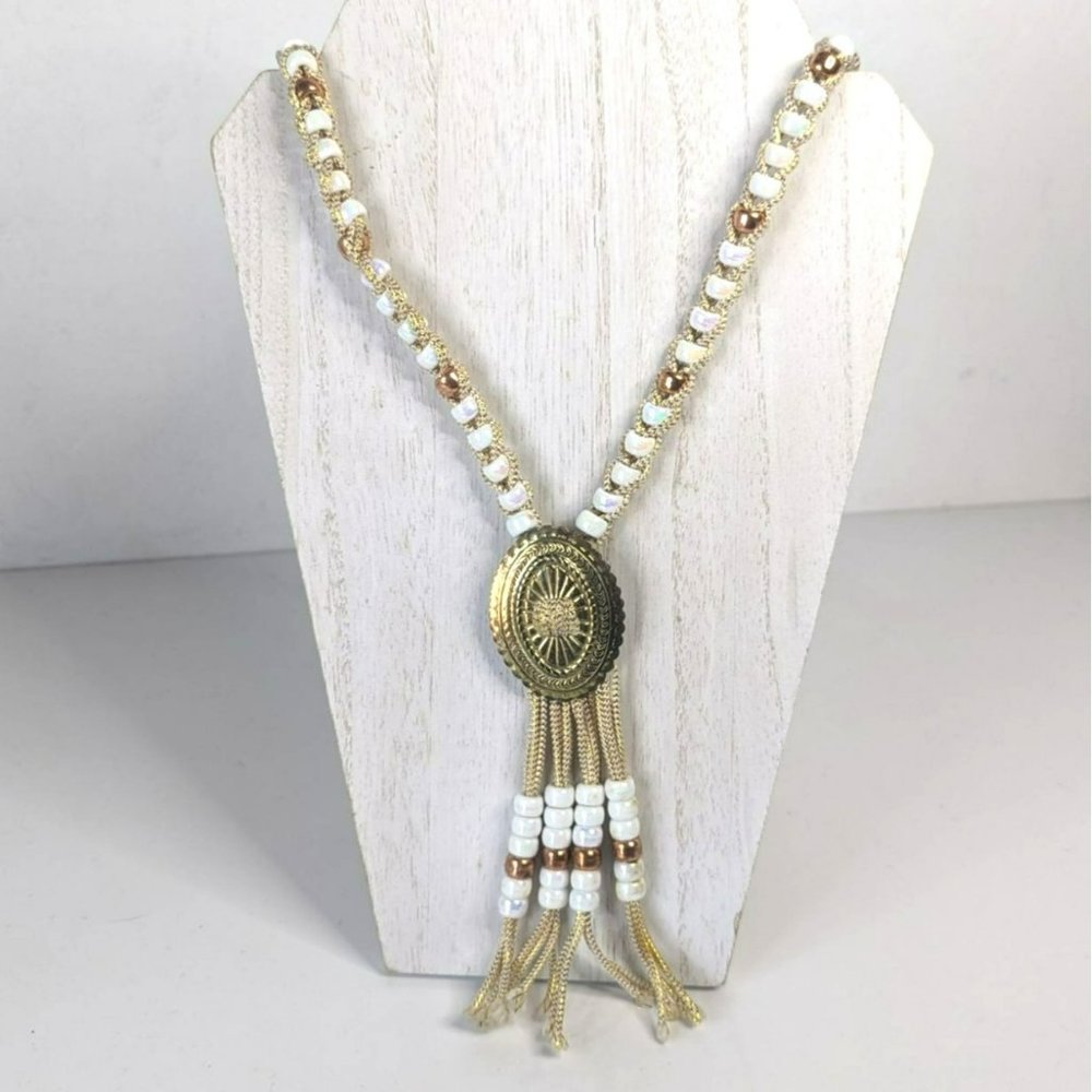 Vintage Southwest Tassel Necklace, Gold Tone With White iridescent beads 1970's